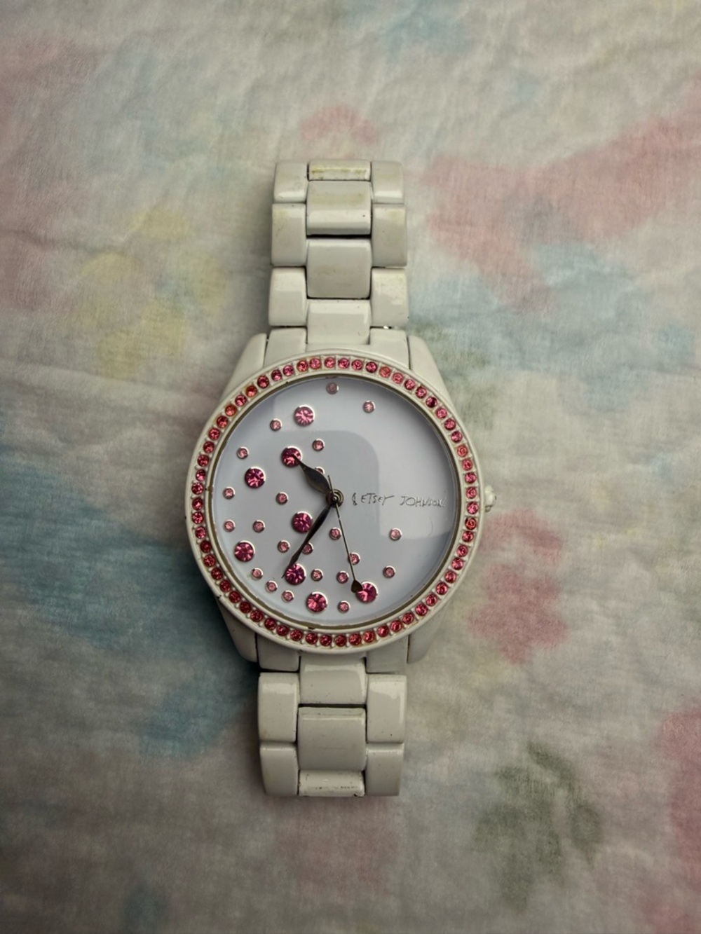 Betsey Johnson White Watch with Pink Crystal Accents